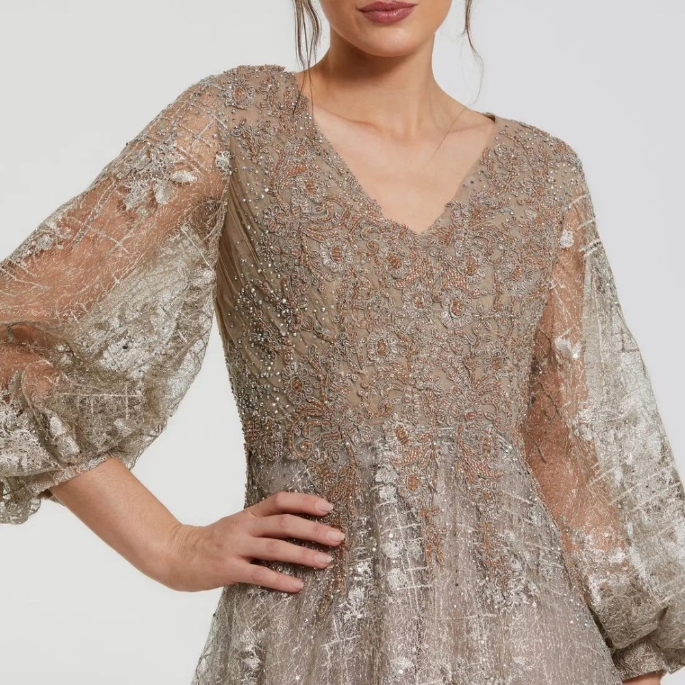 Beige Embellished Plunge Neck Puff Sleeve A Line Gown Women's Dress New